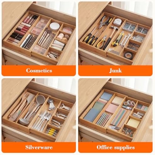 Bamboo Sliding Desk Drawer Organizer 8.2'' up to 16.4'' x 14.4'' x 2.2'' Expandable Office Desk Accessories Supplies Tray with 7 Compartments for Pens, Notebooks, Rulers, and Makeup Jewelry Vanity