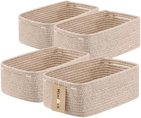 MiniArk Small Storage Baskets for Organizing | Closet Organizer Bins | Shelf Toy Basket | Woven Rope Baskets | Cube Decorative Box | Shallow Basket | 13x8.5x5.1” | 4 Packs Mixed Brown