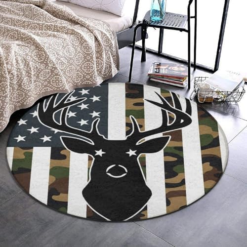 Soft Round Yoga Carpet, Office Chair Decor Round Mat for Carpet and Hardwood Floors American Flag Camo Deer