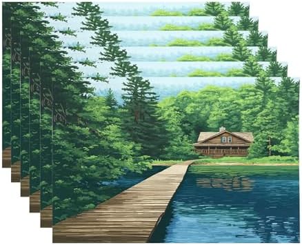 Peaceful Retreat Forest Getaway Linen Placemats, Lakeside Dwelling Wooden Abode Table Mats for Table Washable Heat Insulation Thick Dining Mat, Indoor/Outdoor 12X18 in 6 Pcs