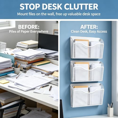 Gawerk Mesh Hanging Wall File Holders, Metal Vertical Wall Basket Mail Organizer for Office/Home (White, 6 Pack Wall Mounted)