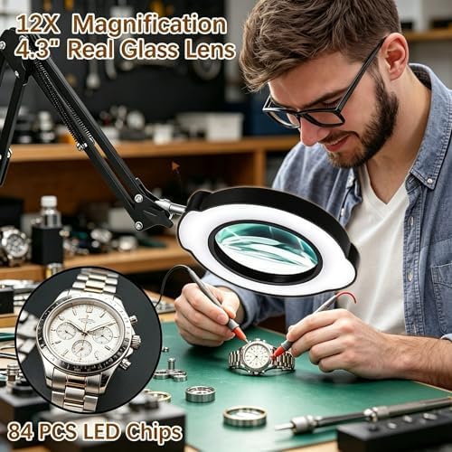 12X Magnifying Glass with Light and Clamp, 84 LEDs Real Glass Lens Magnifying Lamp for Close Work, Repair, Reading, Craft（Top Button）