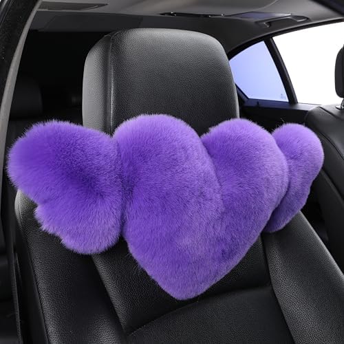 2 Pack Heart Shaped Plush Car Neck Pillows, Soft Car Headrest Cushion for Driving Travel Office Chair, Cute Cars Interior Decor Accessories for Women Girls(Violet)