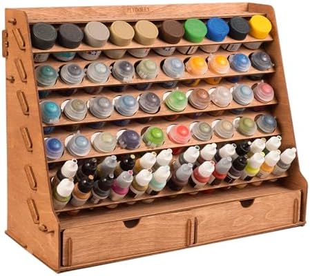 Wall Paint Holder - Works for Warhammer 40K, DnD, Other Figurines - 65 Holes for Vallejo, Citadel, Tamiya, 30 Brush Holes, 2 Drawers, a Shelf, a Brush Tray - Plywood Rack for Wall and Desk
