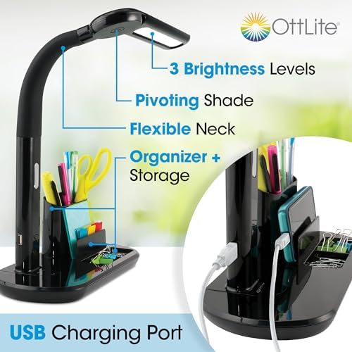 OttLite Pivoting Bankers LED Desk Lamp with USB Charging Port, Black