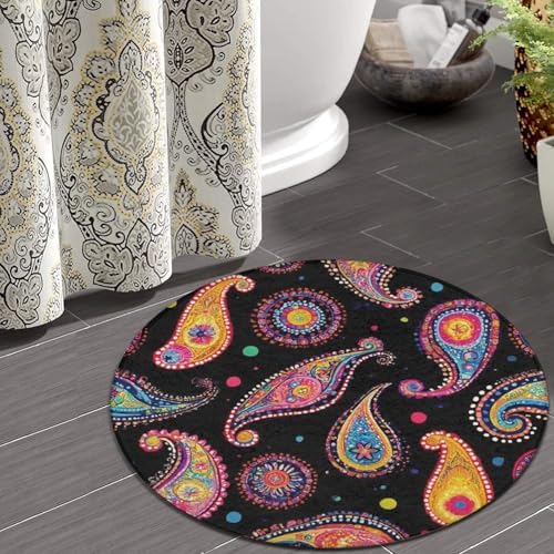 Home Decor Non Slip Kitchen Office Circle Rug, Machine Washable Modern Round Area Rug, Room Sofa Yoga Soft Round Carpet Colorful Paisley Art, 36inch