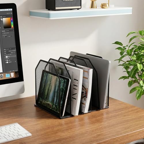 Eorbow Adjustable Desk File Organizer, 5 Sections Upright Desktop Organizer, Standing Wire Mesh Paper Divider, Sturdy Metal Folder Sorter for Office Supplies