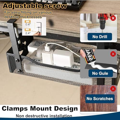 Large Under Desk Cable Management Tray - Heavy Duty Metal Cord Organizer with No Drill Installation for Office & Home Office Desks to Hide Wires & Power Strips (Black, XL) (Pack of 2)