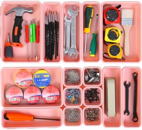 Kutesna 15 PCS Interlocking Desk Drawer Organizer Separator for Office,Bathroom,Kitchen,Makeup（Pink）