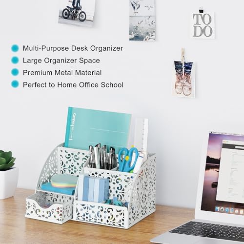 EasyPAG Desk Organizer and Pen Holder for Desk, Mesh Office Supplies Storage Caddy with Drawer for Small Space, Desktop Organizer for Home Office, White