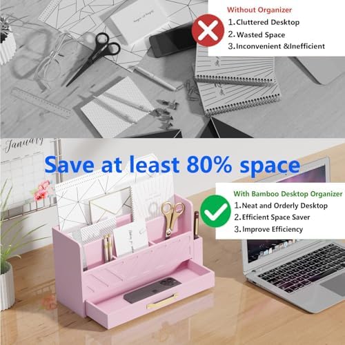Bamboo Mail Organizer Countertop Pen Holder Wooden Desktop Storage Drawers