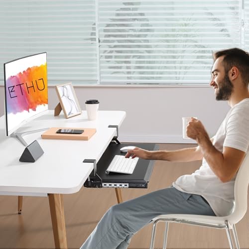 ETHU Under Desk Keyboard Tray with Metal Slide Rail, 26.8x11.8", Black