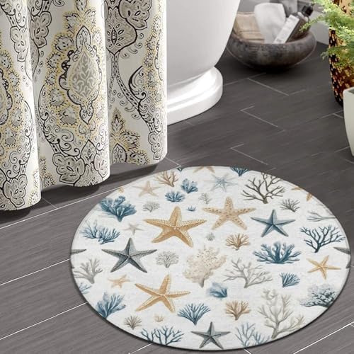 Women's Large Home Decor Mat, Soft Round Yoga Carpet, Non Slip Machine Washable Home Office Circle Rug Coral Seashell Starfish