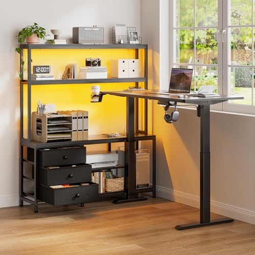 REAHOME 65Inch Black L Shaped Standing Desk with Drawers and Hutch