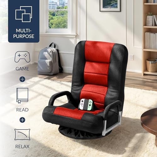 Best Choice Products Swivel Gaming Chair 360 Degree Multipurpose Floor Chair Rocker for TV, Reading, Playing Video Games w/Lumbar Support, Armrest Handles, Adjustable Foldable Backrest - Black/Red