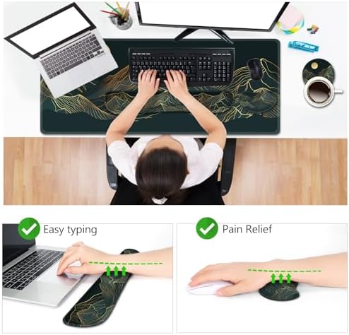 AIMSA Keyboard Mouse Pad Wrist Rest Set, Extended Desk Mat+ Ergonomic Mouse Pad with Wrist Rest+ Keyboard Wrist Support+ Coaster, 35x15.7in Large Desk Pad, Abstract Gold Sun Mountain
