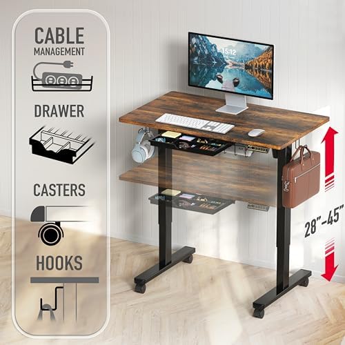 SHW Mobile Electric Height Adjustable Standing Desk w/Drawer, Rustic Brown