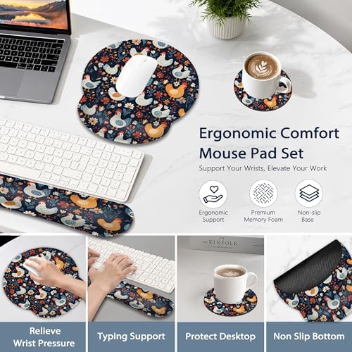Rooster Hen Wrist Rest Support for Mouse Pad Keyboard Set, Flower Mouse Pad with Non Slip Rubber Base for Home and Office Typing Support