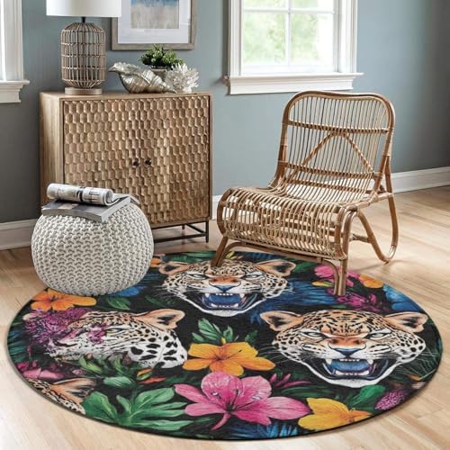 Machine Washable Modern Round Area Rug, Room Sofa Yoga Soft Round Carpet, Home Decor Non Slip Kitchen Office Circle Rug Jungle Florals Cheetah Leopard Print, 36inch
