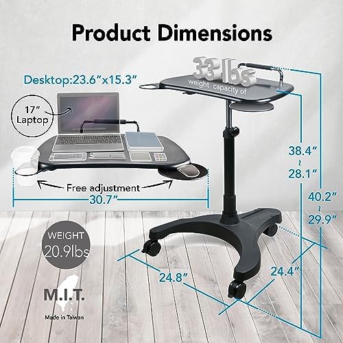 EHO Mobile Laptop Desk Cart with Wheels, Height Adjustable Standing Desk with Pneumatic Lift, Rolling Workstation with Mouse Tray and Cup Holder, Portable Table for Home Office or Classroom