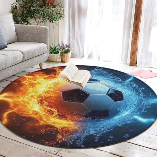 Men's Large Home Decor Mat, Soft Round Yoga Carpet, Non Slip Machine Washable Home Office Circle Rug Water Fire Flame Football Soccer Ball Sport