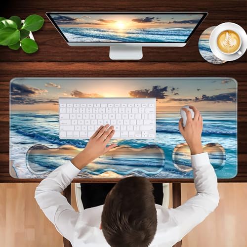 Keyboard Wrist Rest and Mouse Pad with Wrist Support Set Ergonomic Coaster,Memory Foam,Easy Typing Pain Relief,Large XL Desk Mat 31.5"x 11.8",Beach