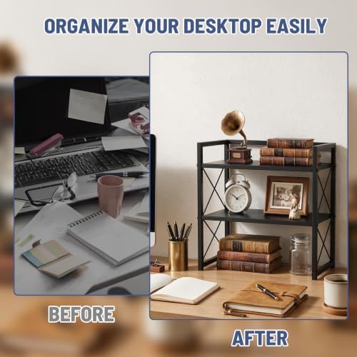 Adjustable Desktop Bookshelf, Metal Desk Shelf Organizer, Black