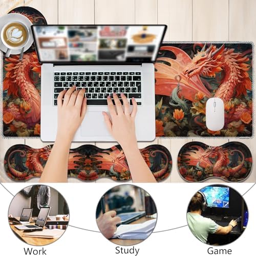 4 in 1 Mouse Pad Combo, Large Gaming Mouse Pad + Keyboard Wrist Support + Mouse Wrist Rest + Coaster, Table Pad with Stitched Edge Ergonomic Wrist Pad Set, Dragon