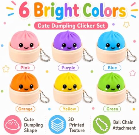 Dumpling Clicker Fidget Toy 6PCS Set, Cute 3D Printed Dumpling Keychain Clickers with Tactile Feedback, Colorful Stress Relief Desk Toys for Adults, Office, Travel and Gifts