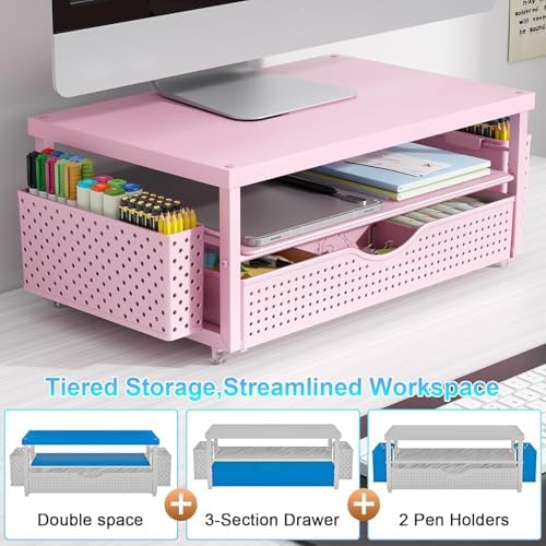 gianotter Monitor Stand with Drawer and 2 Pen Holders (Matte Pink)