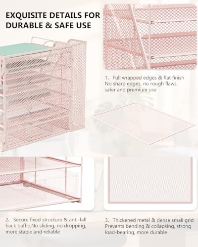 WALI Desk File Organizer, 6 Tier Desktop Paper Letter Tray Organizer with Drawer and 2 Pen Holders, Office Desk Accessories & Workspace Organizers for Office, Home Supplies(DO007DH-P), 1 Pack, Pink