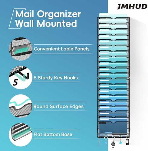 21-Tier Wall File Organizer and Mail Organizer with 5 Hooks, Black