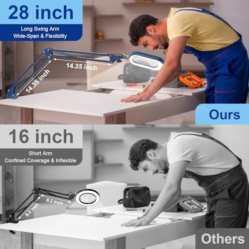 14.35" Large Magnifying Glass with Light and Clamp, Real Glass, 5 Color Modes, Stepless Dimmable, Lighted Magnifier with Stand Hands Free, LED Swing Arm Desk Lamp for Close Work, Craft, Blue