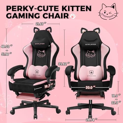 GTPOFFICE Gaming Chair Cute with Cat Ears, Ergonomic Computer Chair with Footrest Cat Paw Lumbar Support Comfortable Reclining Game Chair Desk Chair for Adult,Teens, Soft Fabric,Soft-Red