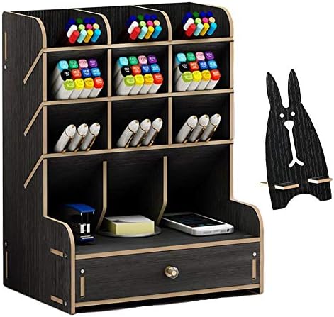 Marbrasse Wooden Desk Organizer, Multi-Functional DIY Pen Holder, Organizer for desk, Desktop Stationary, Easy Assembly, Home Office Art Supplies Storage with Drawer (B11-Black)