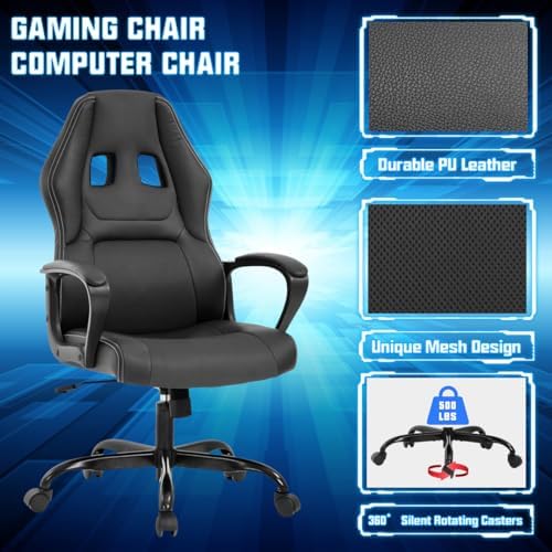 Gaming Chair PC Computer Chair Office Chair for Adult Teen Kids, Ergonomic PU Leather Gamer Chair with Lumbar Support High Back Adjustable Rolling Swivel Desk Chair, Black
