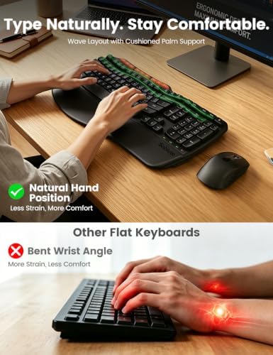 Ergonomic Wireless Keyboard and Mouse Combo, Full Size Wave, Natural Typing