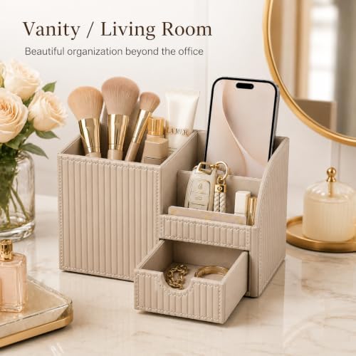 KINGFOM Luxury PU Leather Desk Organizer with Drawer, Modern Aesthetic Office Desk Accessories for Men & Women, Multi-Compartment Pen Holder & Desktop Storage Organizer for Home Office