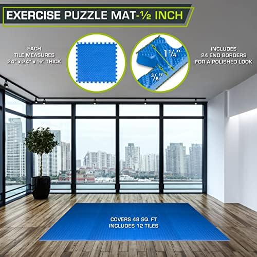 ProsourceFit Exercise Puzzle Mat ½-inch, EVA Interlocking Foam Floor Tiles for Home Gym, Workout Equipment, Kids Play Areas, Blue, 48 SQ FT - 12 Tiles