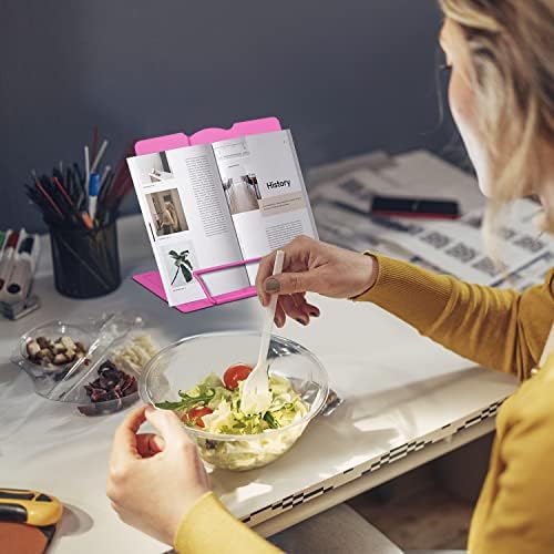 Honagu Book Stand Metal Desk Book Holder, Book Holders for Reading Hands Free, Adjustable Cookbook Documents Holder, Portable Bookstand for Music Books, Textbook, Recipe, Tablet, Ipad (Rose Red)