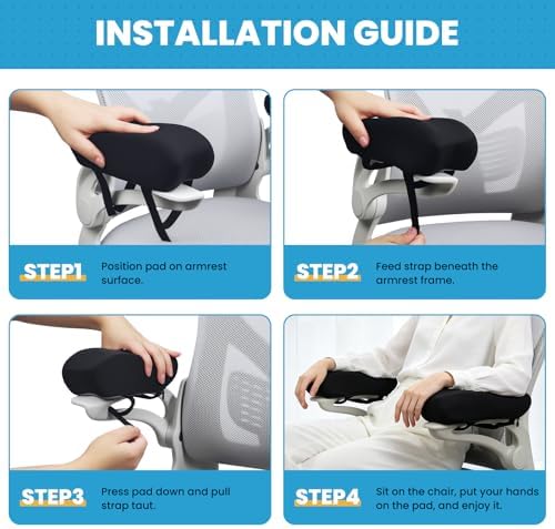 Memory Foam Armrest Pads, Pressure Relief Elbow Cushion, Non-Slip Hook & Loop Straps for Office, Gaming Chair & Wheelchair, Machine Washable, 2-Pack