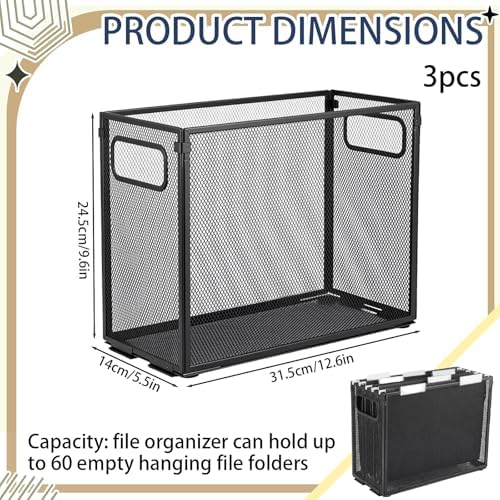 Zhengmy 3 Pcs Hanging File Organizer Letter Size File Holder Metal Mesh Filing Box Desktop Folder Letter Storage Cabinets Magazine Holder with Handles for Home Office School Document (Black)