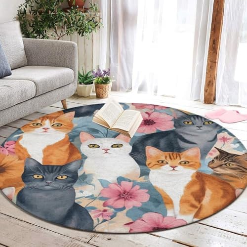 Fashion Round Area Rug Large Non Slip Carpet Unisex Home Decor Mat Cat Lovers Kitten