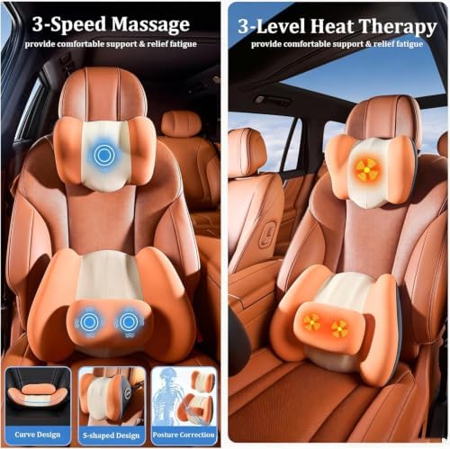 Car Lumbar Support Pillow & Headrest Pillow with Vibration Massage & Heat