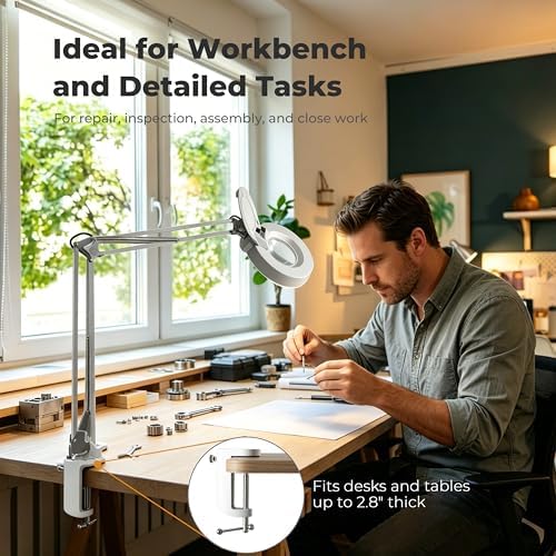 10X Magnifying Glass with Light, Clamp-on Desk Magnifier Lamp with Real Glass Lens and Adjustable Swing Arm for Reading, Crafts, Repair, Inspection and Close Work