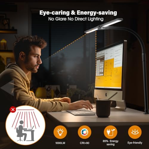 SIBRILLE LED Desk Lamp for Home Office - Dimmable Computer Desk Light with Clamp, Modern Architect Task Lamp with Color Changing, Flexible Desktop Lamp with Gooseneck for Monitor, Double Head, Black