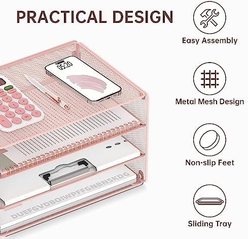 DALTACK 3 Tier Letter Tray Paper Organizer with Sliding Mesh Trays Pink