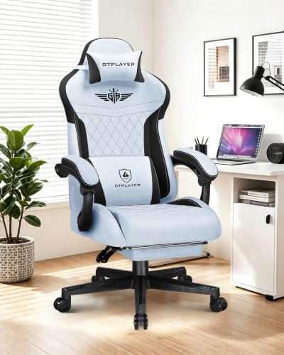 GTPLAYER Gaming Chair with Footrest, Big and Tall Game Chair High Back Computer Office Chair with Lumbar Support for Adults, Ergonomic Swivel Games Chair with Cushion Gaming, Fabric Light Blue