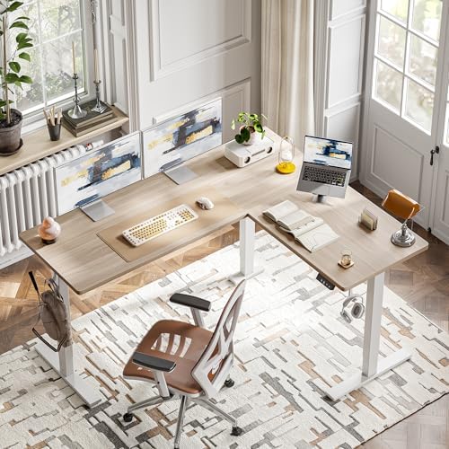 TIQLAB L Shaped Standing Desk Adjustable Height, Electric Corner Standing Desk, 63 x 55 inch Sit Stand Computer Table with Splice Board, Light Walnut