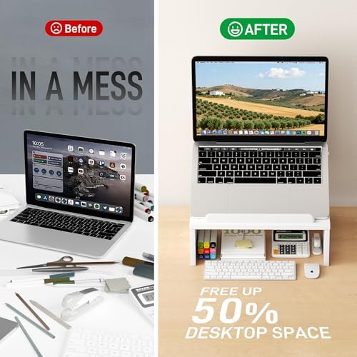 AFOOYO Adjustable Wood Laptop Stand with Storage Space - Notebook Organizer & Ergonomic Computer Riser, Wrist Rest Included, Compatible with 9.8-15'' Laptops (MacBook Air Pro/HP/Dell/Lenovo),White
